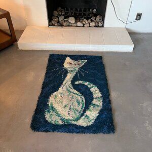 60's AIDA Turquoise Blues Green Cat Wool UNUSED Mid Century Modern Rya Rug